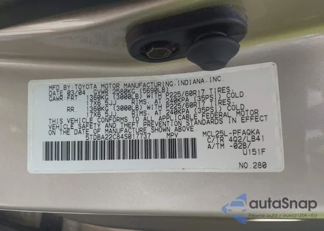 2004 Toyota Sienna Xle Limited из США, поврежденный, VIN 5TDBA22C84S017737